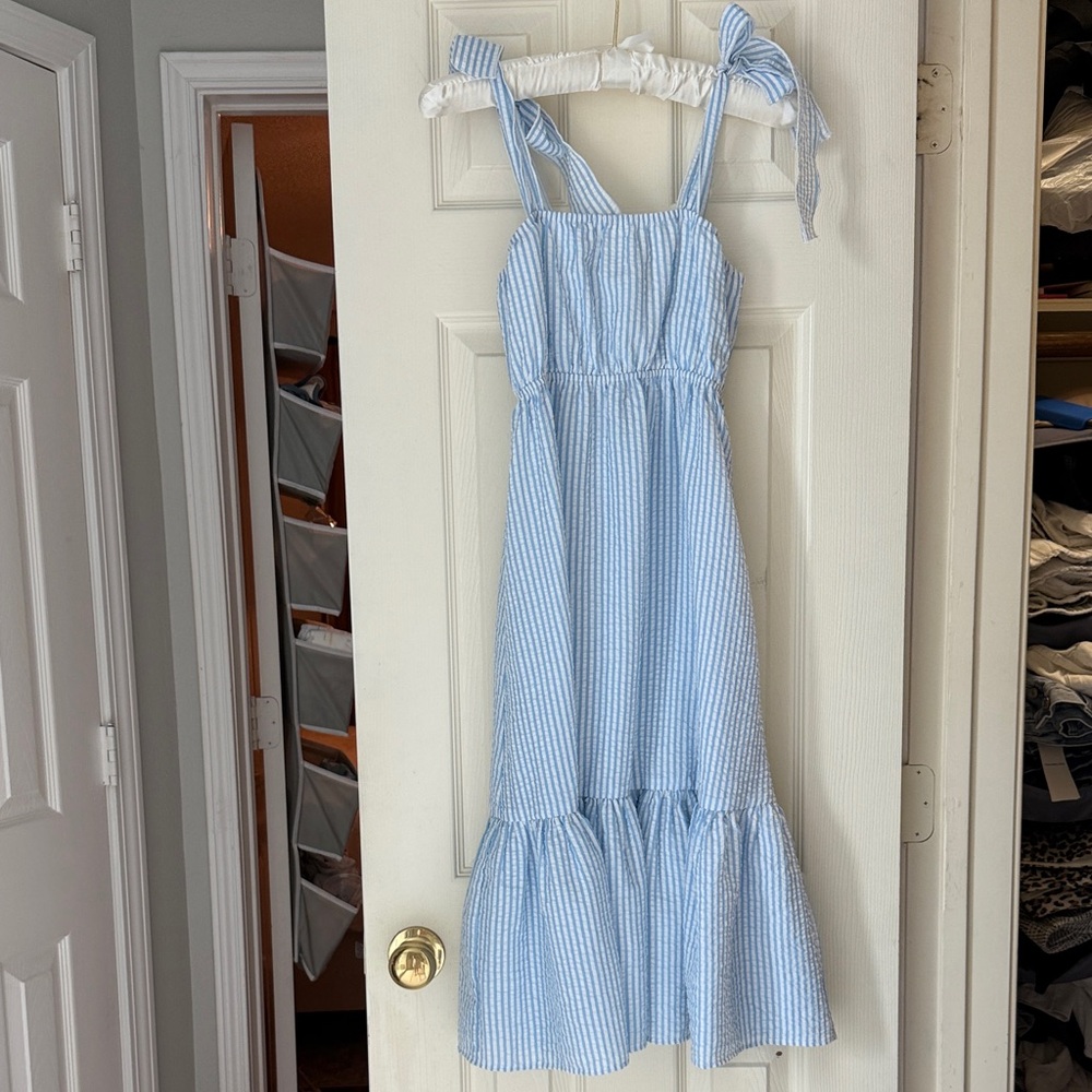 Aqua Light Blue Striped Kids Dress